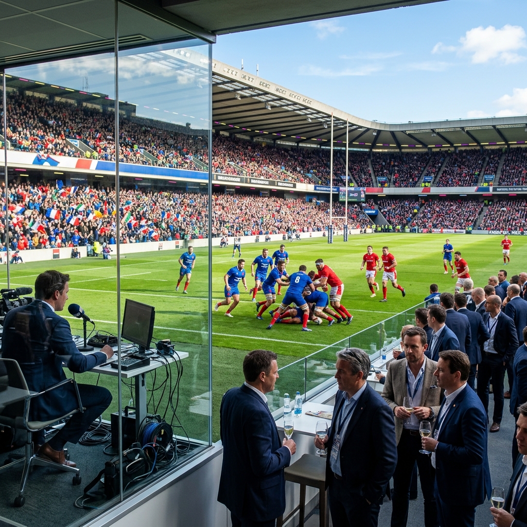 Widok ze stanowiska V.I.P / loży komentatorskiej na wspaniałą murawę z trwającym spotkaniem.