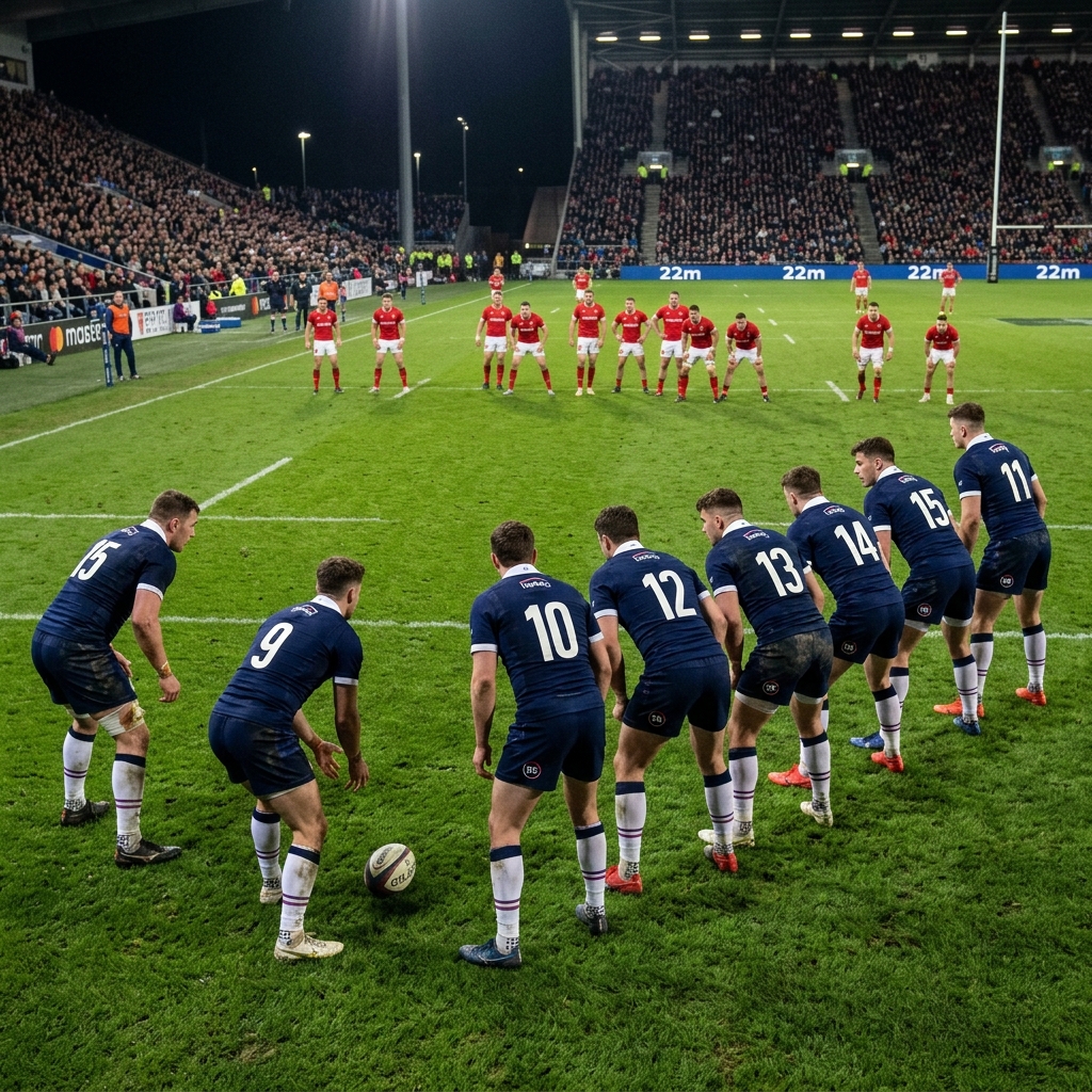Zawodnicy Rugby League ustawieni przed wznowieniem we własnej strukturze i na własnych pozycjach nocą w świetle reflektorów